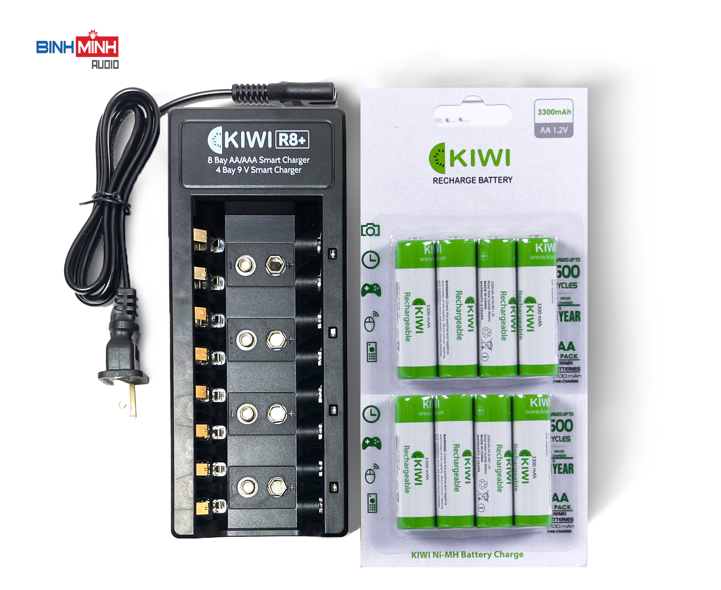 Combo 8 pin sạc Kiwi AA 3300mAh và bộ sạc pin R8+ Kiwi - Hàng chính hãng, chuyên dùng cho Micro không dây, máy đo huyết áp, máy ảnh...