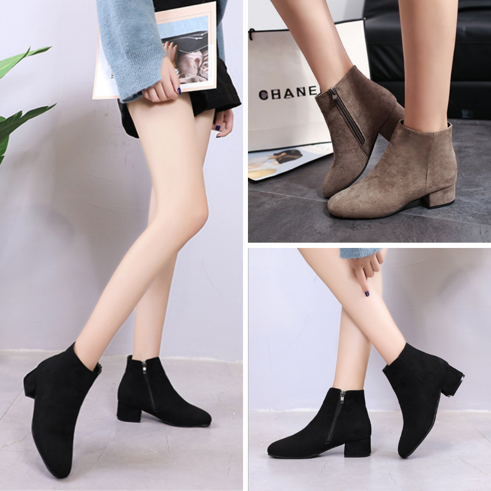 Giày boot nữ đế thấp 3cm , mũi vuông đơn giản chất da lộn mỏng - nhẹ màu đen, nâu gbn176