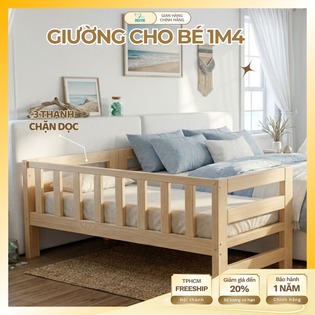 Giường Ngủ Cho Bé 1m4 Đầu Giường / Thanh Chắn / Cầu Thang - Giường Ghép với Bố Mẹ, Gỗ Thông Bền Đẹp