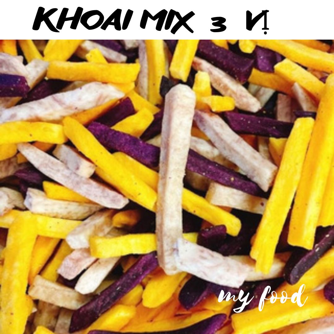 250gr khoai mix 3 vị: khoai môn, khoai lang vàng, khoai lang tím sấy sợi giòn