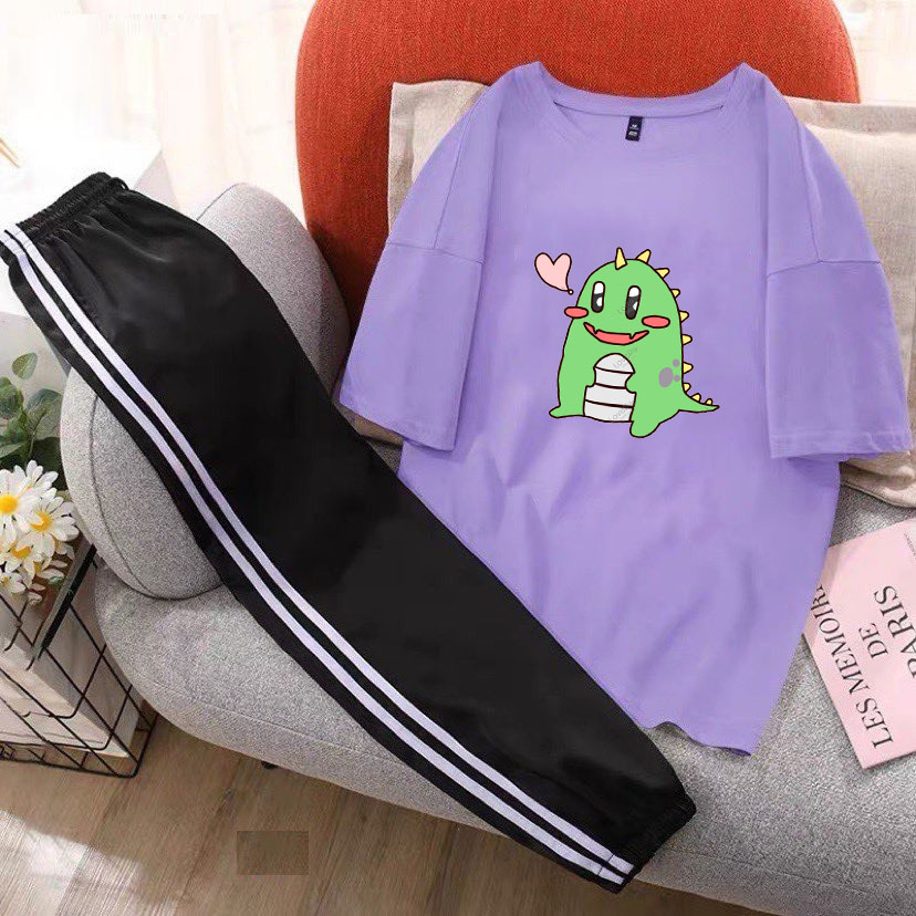 [HAN HAN SHOP 128] Sét Bộ Đồ Quần Áo Nữ Mùa Hè Mặc Đi Chơi Dạo Phố Cá Tính, Mặc Ở Nhà Xinh Cute, Combo Áo Thun Phông Cotton Organic Ngắn Tay Cổ Tròn Mát Mịn In Khủng Long Tim Kèm Quần Thun Bo Chun Gấu