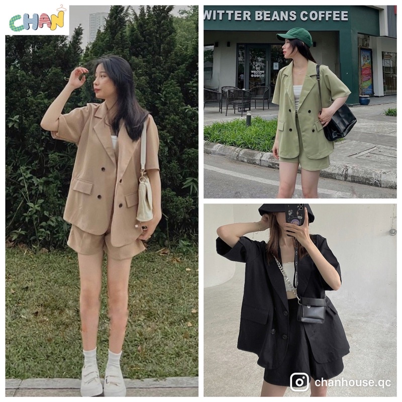 Set áo khoác blazer kèm quần short chất kaki, set áo vest kèm quần đùi