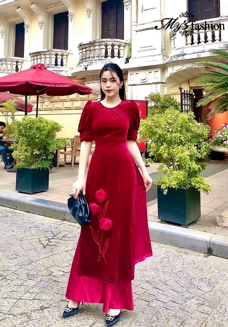 Áo dài nhung đỏ thiết kế cao cấp Cẩm Vân, áo dài đính hoa 3D nổi bật
