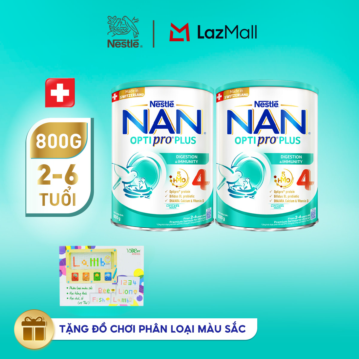 [Tặng Đồ chơi phân loại màu sắc] Combo 2 lon Sữa bột Nestlé NAN OPTIPRO PLUS 4 800g/lon với 5HMO Giúp tiêu hóa tốt + Tăng cường đề kháng