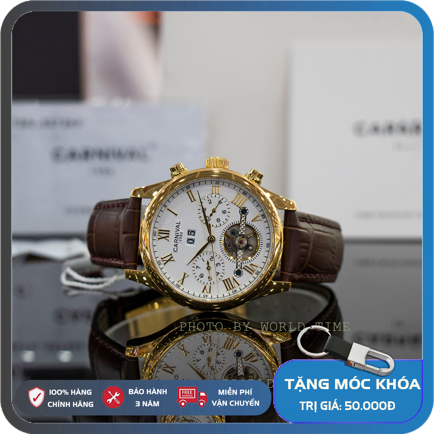 Đồng hồ cơ, Đồng hồ nam Carnival Dây Da 8670G Full box, Thẻ Bảo Hành 03 năm, Kính Sapphire Chống Xước, Chống Nước,