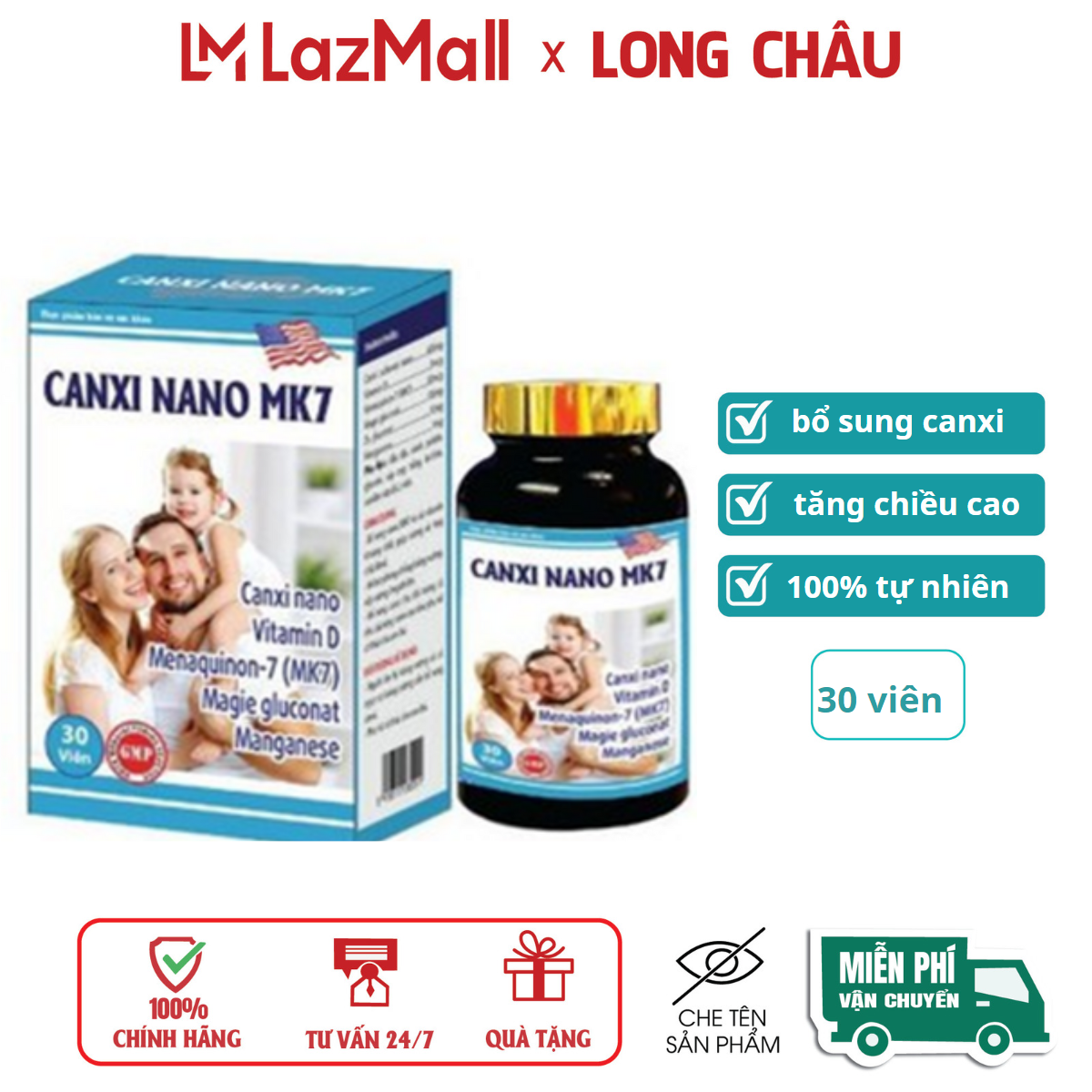 Viên uống Canxi Nano MK7 D3 Glucosamin giảm nguy cơ loãng xương Lọ 30 viên