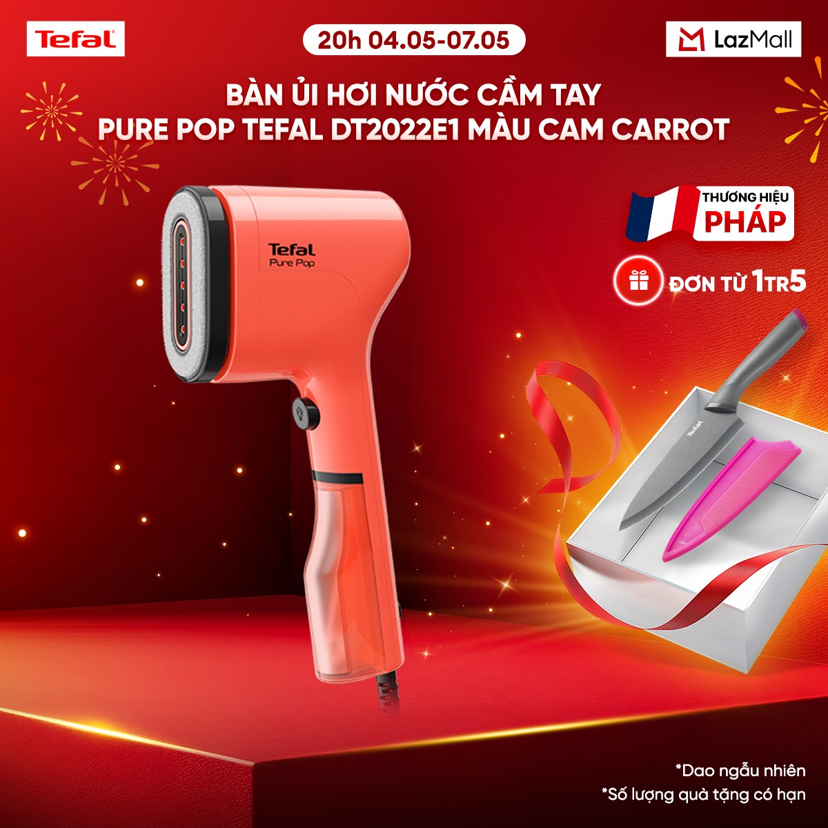 Bàn ủi hơi nước cầm tay Pure Pop Tefal DT2022E1 màu cam carrot