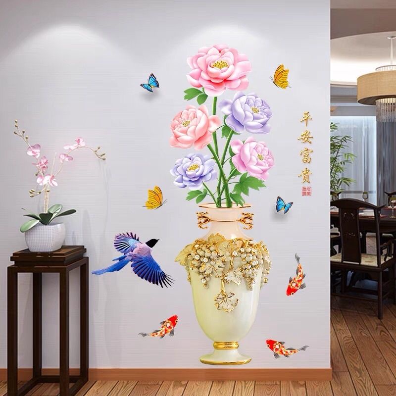 Decal dán tường bình hoa hồng 3D