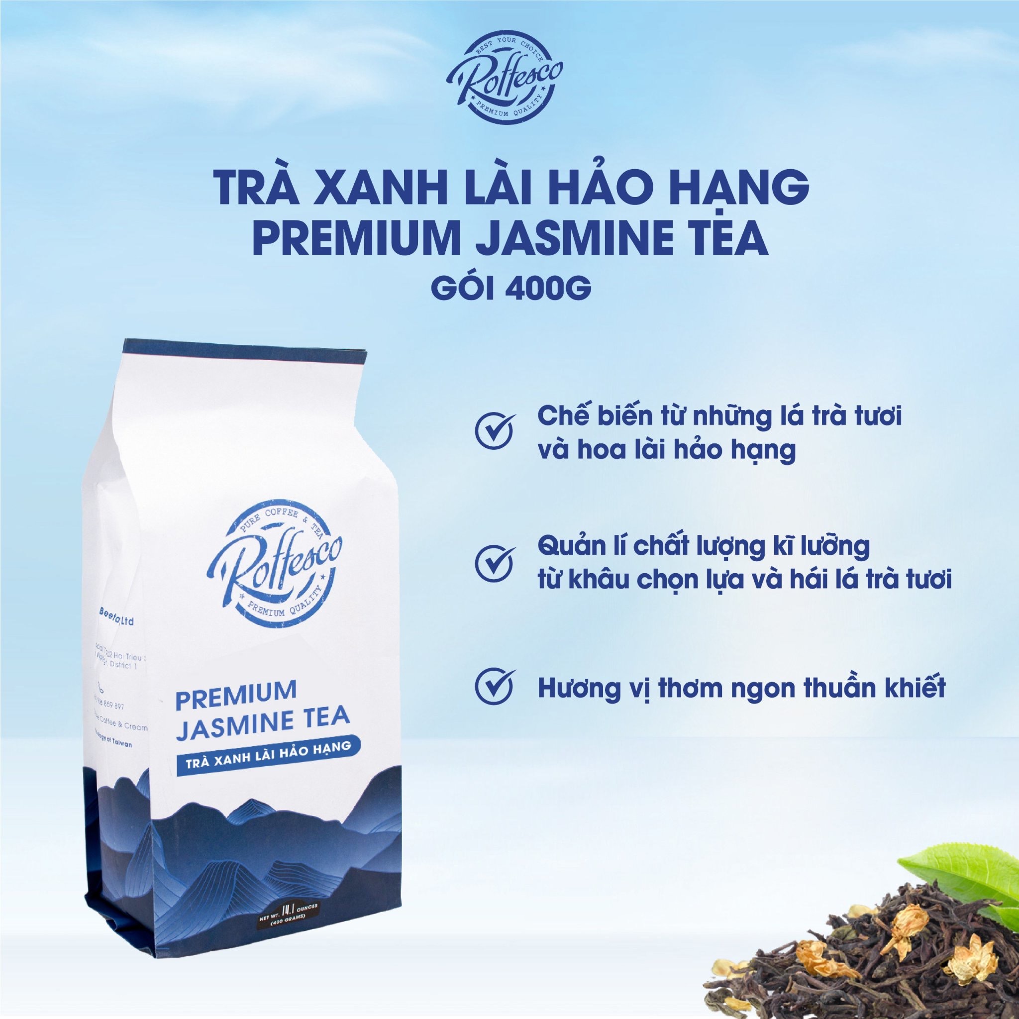 Trà xanh lài roffesco premium jasmine tea vị chát nhẹ hậu ngọt túi 400g