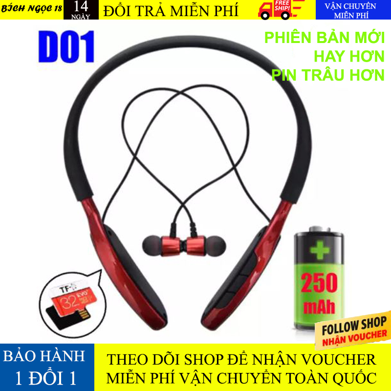 Tai phone bluetooth 5.0 Bass-Tress cực ấm D01, Tai nghe thể thao pin trâu, nghe nhạc 24h - Tai phone thể thao có hỗ trợ thẻ nhớ 32G [Bảo hành 1 đổi 1]