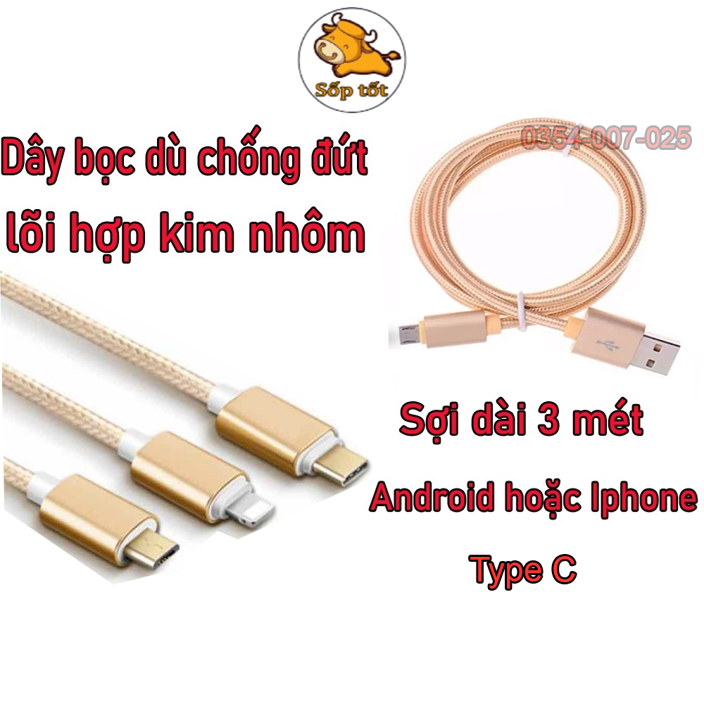 Cáp sạc Android iphone loại dài 3m bọc dù sạc nhanh cổng lightning và usb micro, Type C