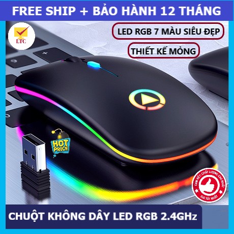 Chuột máy tính không dây A2 có đèn LED đổi màu mỏng đẹp tương thích laptop, pc phù hợp dùng văn phòng làm việc siêu sang, cổng kết nối usb không dây - LTC