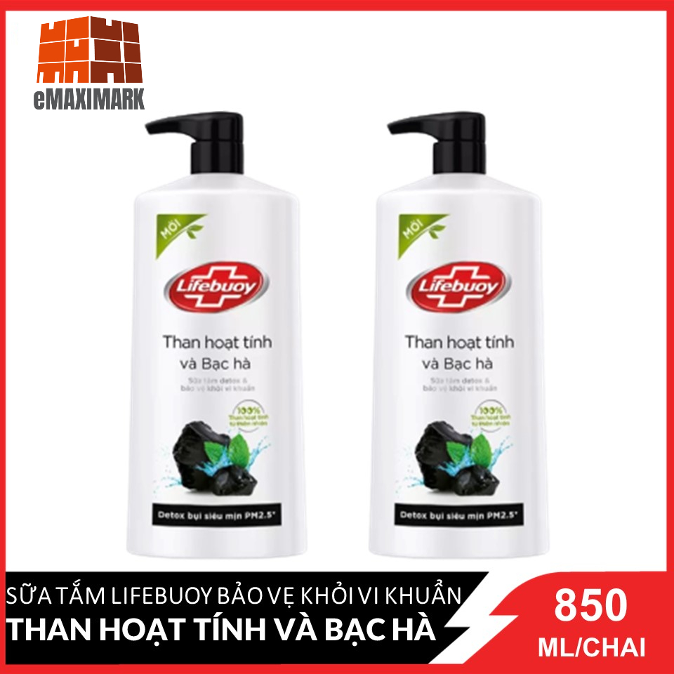 [HCM ship 2h] COMBO 2 Chai Sữa tắm Lifebuoy Bảo Vệ Khỏi Vi Khuẩn Than Hoạt Tính Và Bạc Hà (Đen) Chai 850ml x 2