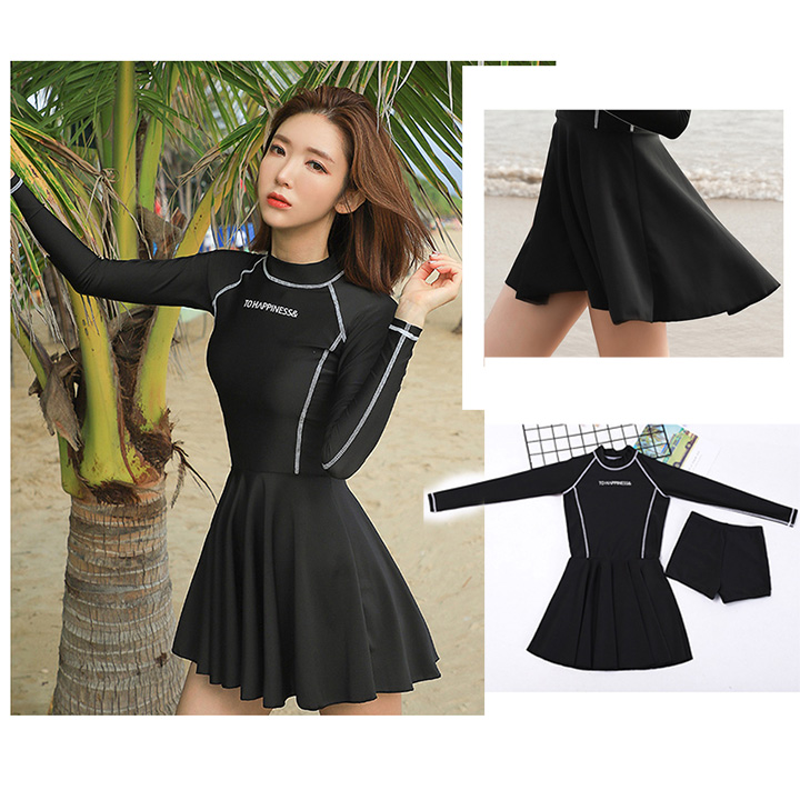 Bộ đồ bơi nữ liền thân dài tay dáng váy chất thun lạnh đẹp