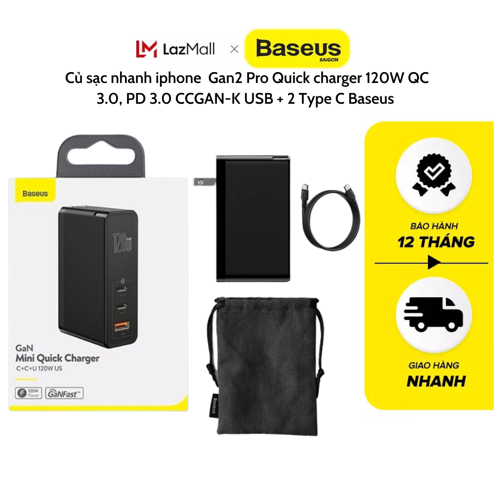 Cốc sạc nhanh gan 2 pro ccgan-k baseus quick charger 120w qc 3.0, pd 3.0 usb + 2 type c