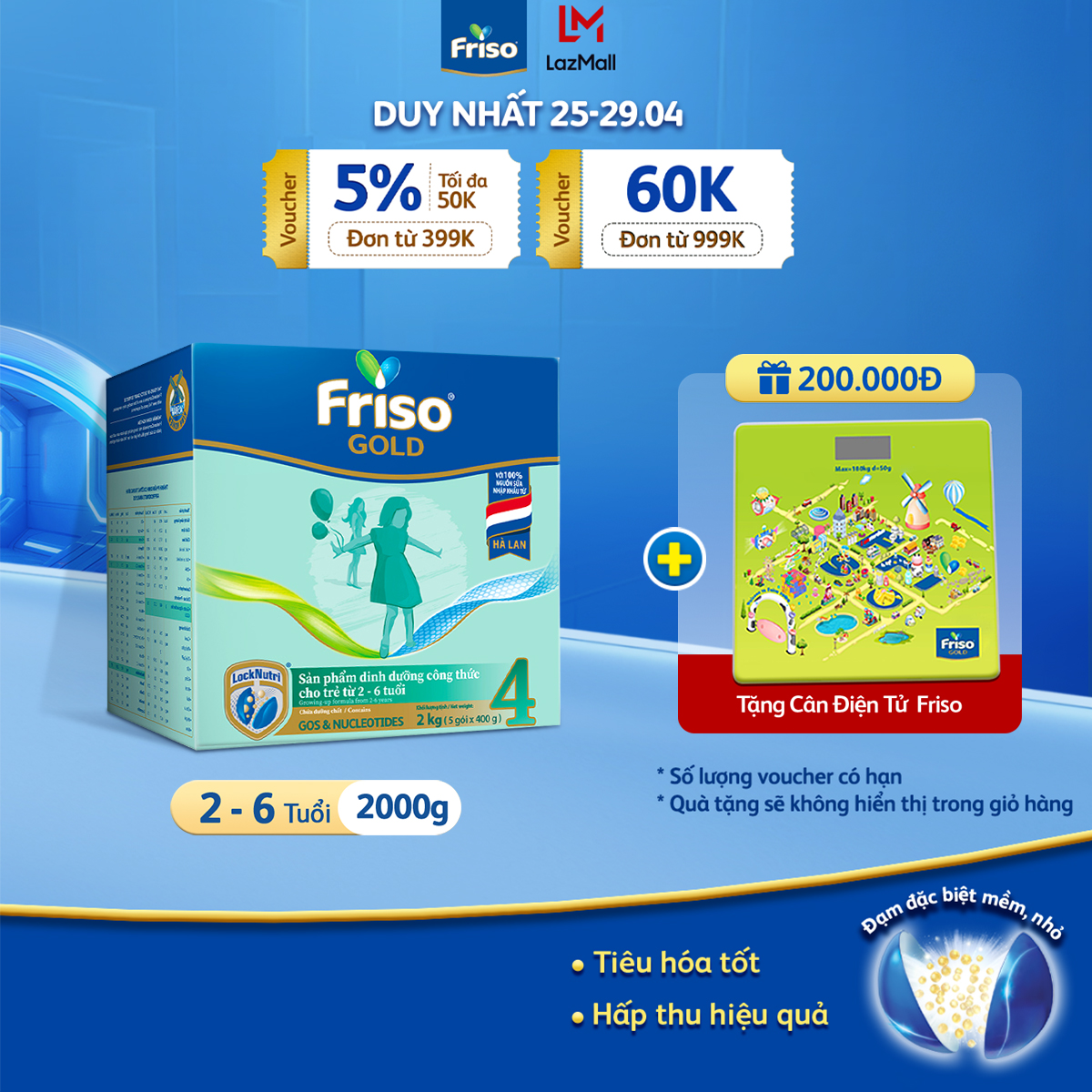 [20H 04-07/5 VOUCHER ĐẾN 1 TRIỆU] [HSD: 10/2025] [Tặng Cân Điện Tử] Sữa Bột Friso Gold 4 Hộp Giấy 2K