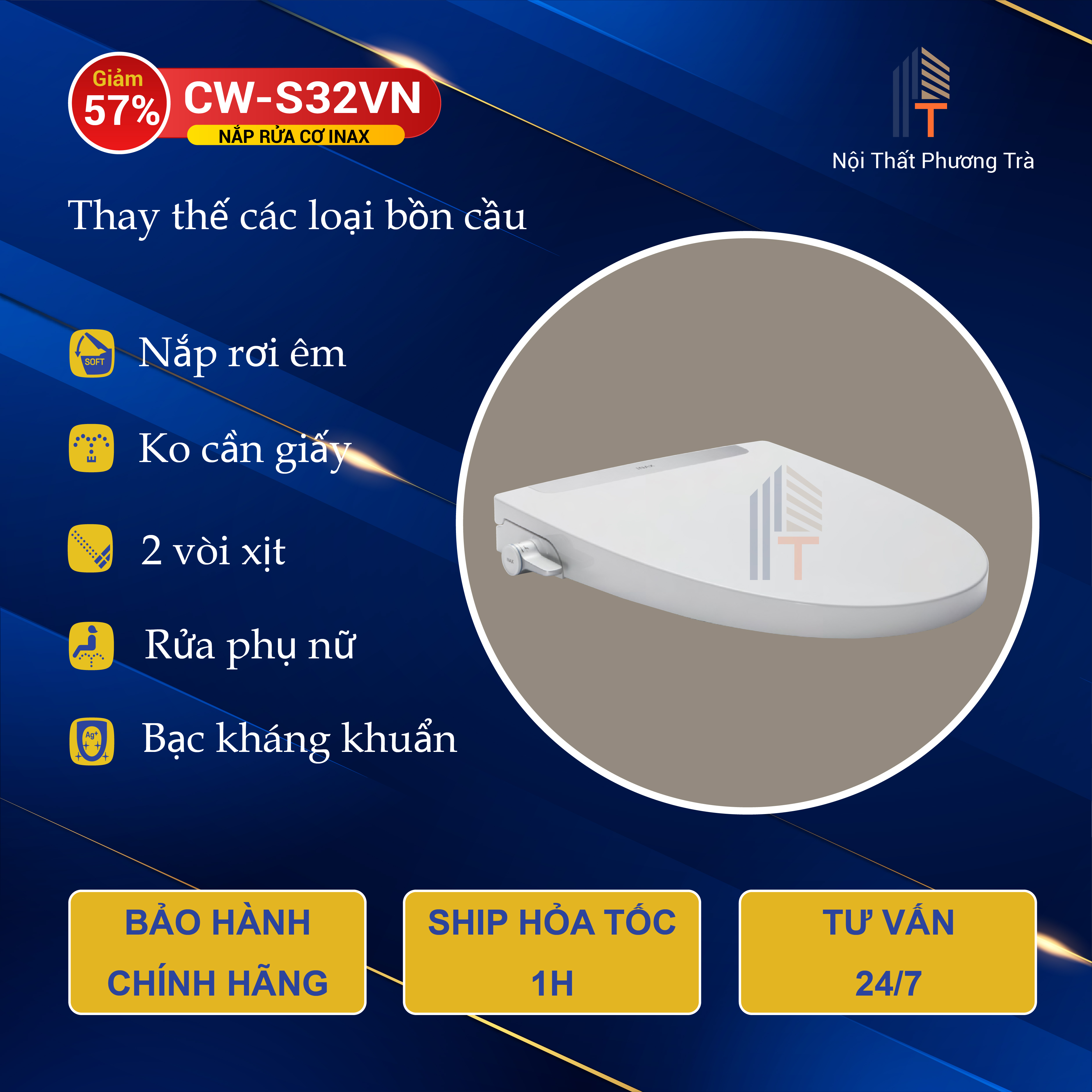 Nắp bồn cầu thông minh Inax CW-S32, Nắp bồn cầu rửa cơ không dùng điện - bảo hành Chính hãng - Rẻ vô