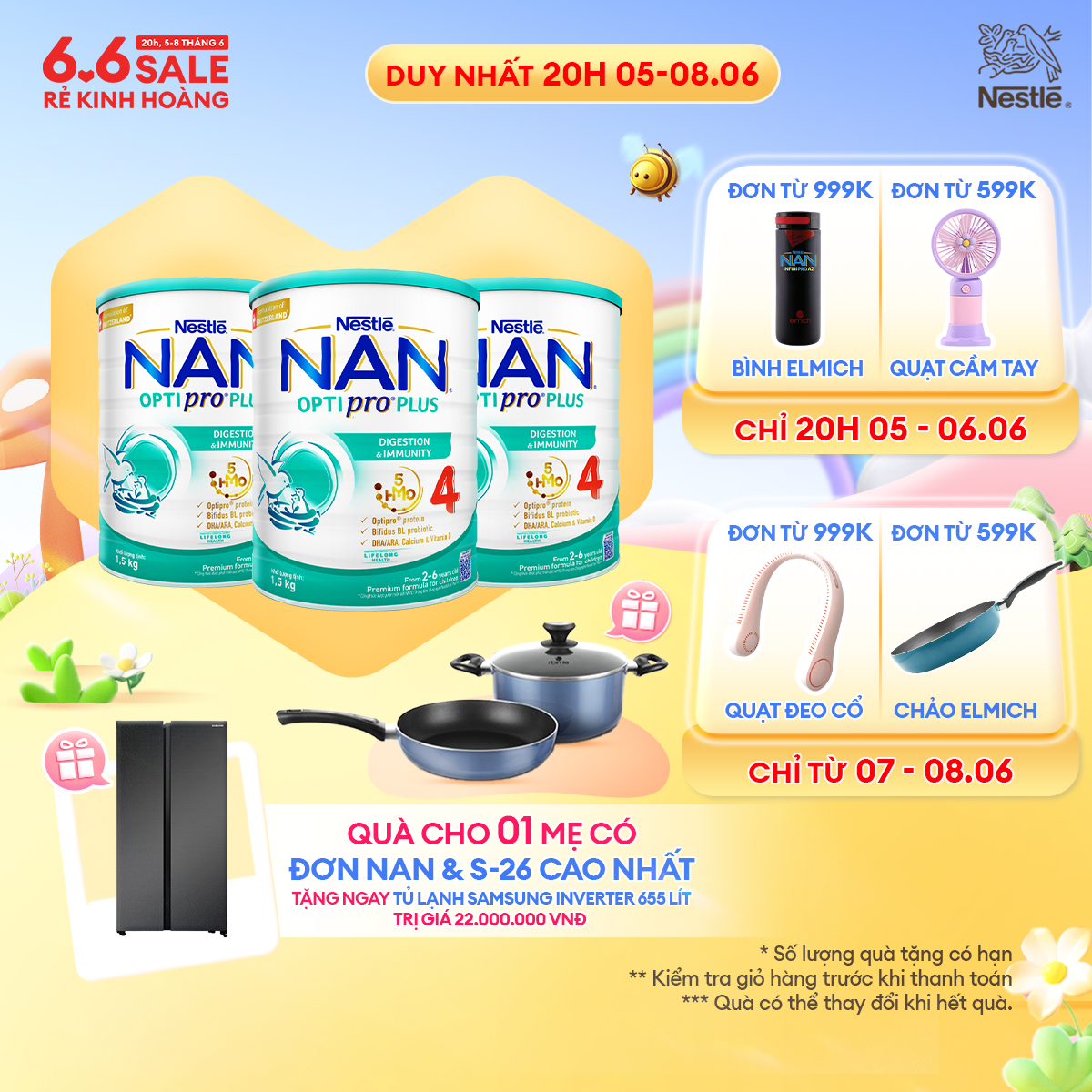 [CHỈ 20H 05-08/06 QT ĐƠN 599k/999k][Tặng Set nồi 18cm + chảo 22cm hoặc 24cm Elmich] Bộ 3 Lon Sữa bột