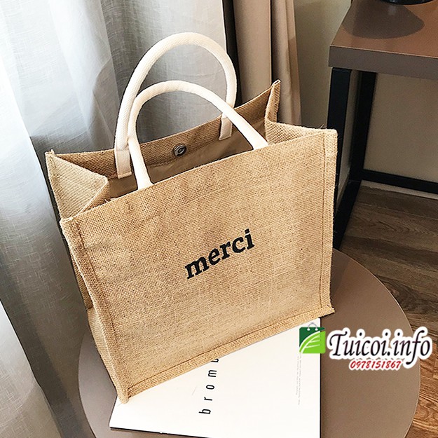 Túi cói merci loại 1 màu sáng, có đệm đáy giữ form túi, có lót