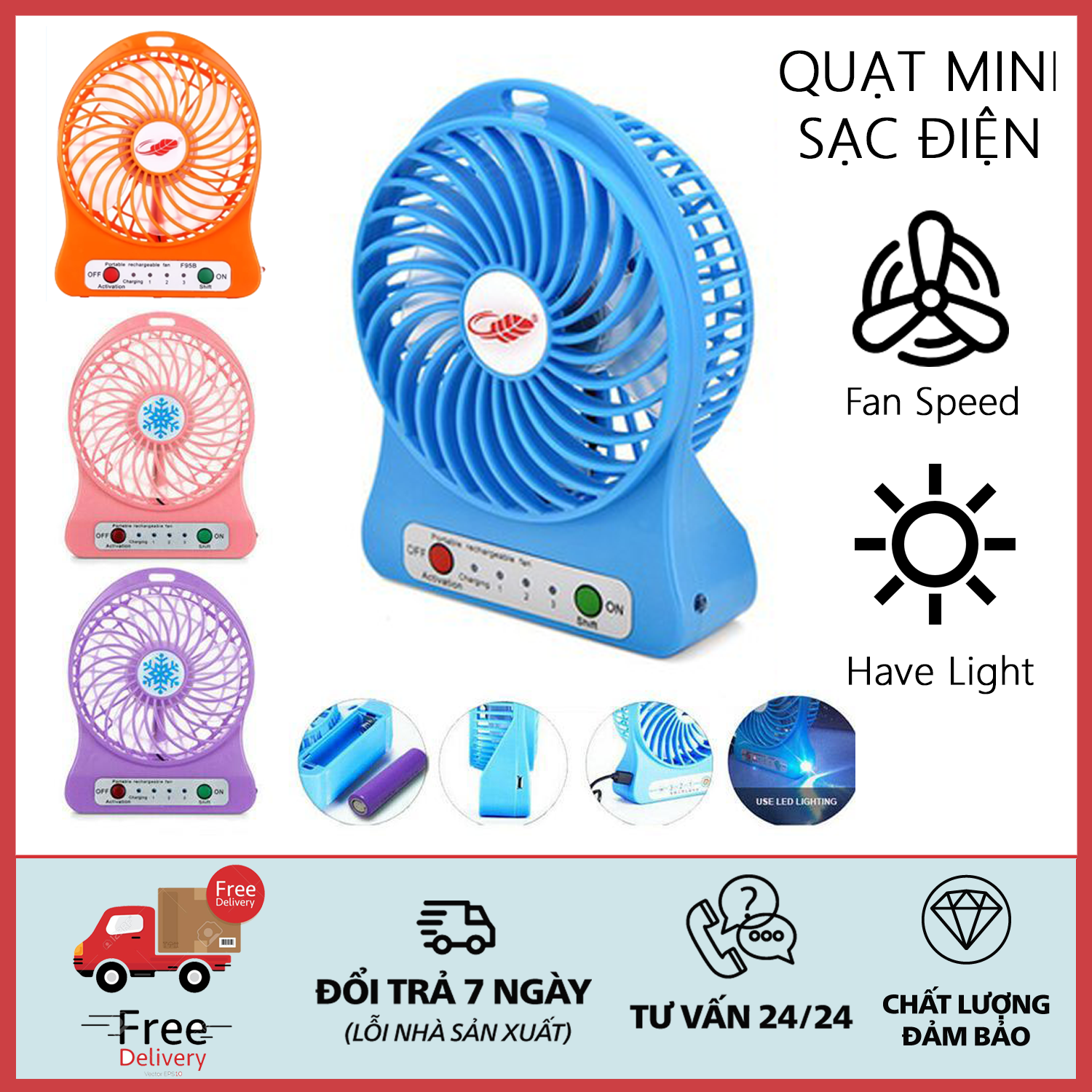 Quạt mini sạc điện -  Quạt sạc tích điện mini 3 số có đèn-Có kèm sạc và pin- Quạt mini tích điện để bàn 03 chế độ gió siêu mát kèm dây sạc và pin (Màu ngẫu nhiên)