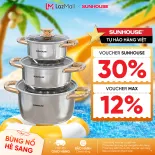 Bộ nồi inox 5 đáy SUNHOUSE SH781 - 16, 20, 24 cm tỏa nhiệt đều - Chất liệu inox an toàn - Phù hợp với mọi loại bếp - Hàng chính hãng