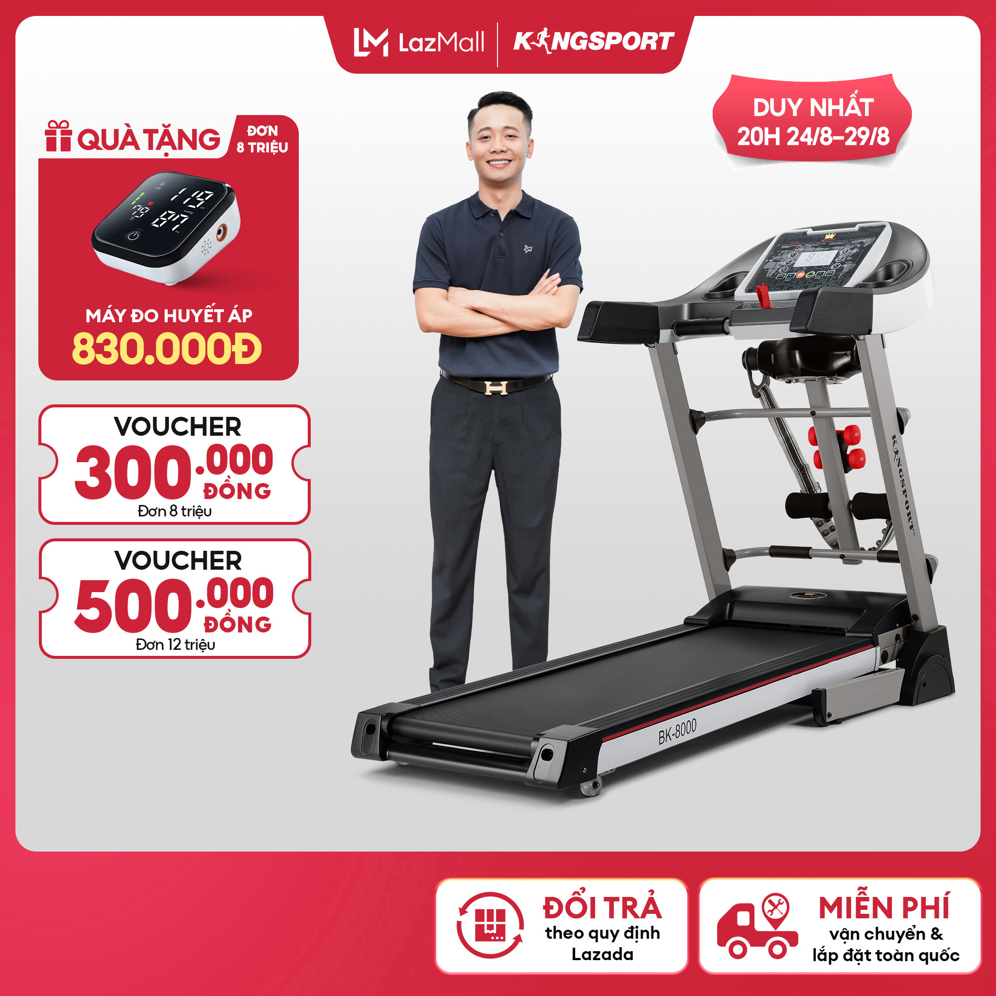 [Chỉ 25-29.8 | Tặng Máy đo 830K] Máy chạy bộ KINGSPORT BK-8000 đa năng, thảm chạy rộng chống trơn, kèm đai massage và thanh gập bụng