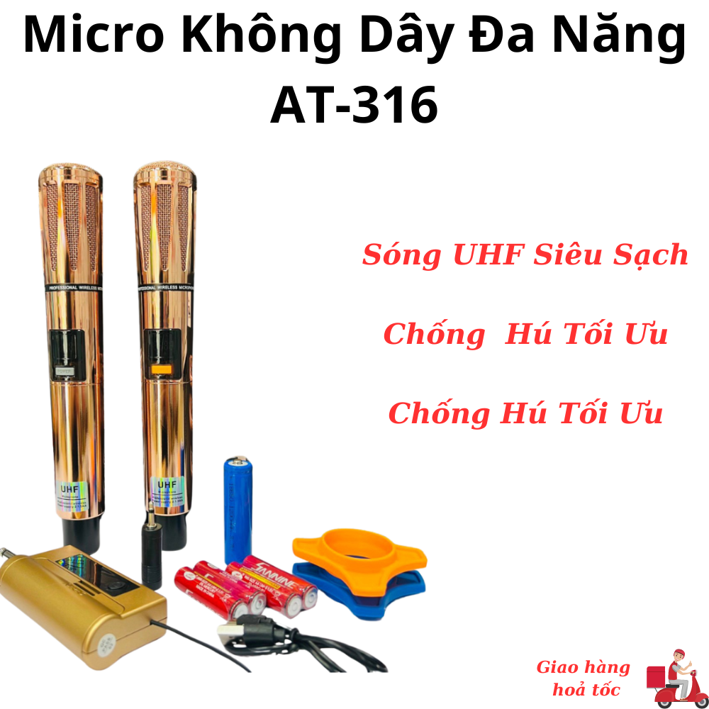 [ Mẫu Mới 2024 ] Micro Không Dây Đa Năng AT316, Chất Liệu Kim Loại Cao Cấp, Sóng UHF Mạnh Mẽ, Chống Hú Rít, Hỗ Trợ Nâng Tiếng, Cho Các Loa Kéo, Âm Li, Vang Số, Mixer Dàn Karaoke -  Bảo Hành 12 Tháng