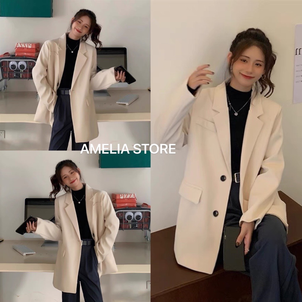 (ẢNH THẬT) Áo blazer nữ màu be 2 lớp from rộng kiểu dáng ulzzang, áo vest nữ dai tay trơn bassic, áo khoác vest nữ công sở, áo khoác blazer chất tuyết mưa, áo vest nữ Hot 2022 thời trang hàn quốc, AMELIA