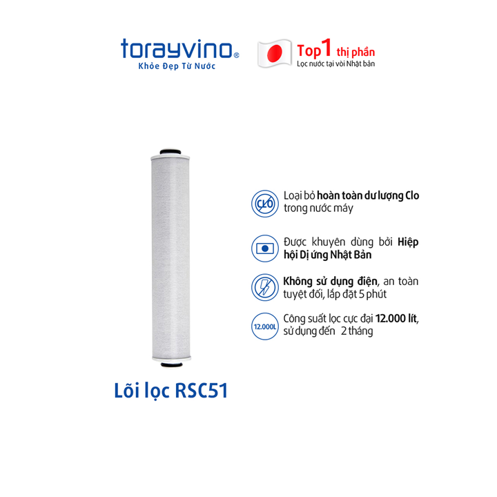 Lõi lọc thay thế vòi sen tắm RSC51 Torayvino loại bỏ Clo, công suất lọc 12000 lít nước