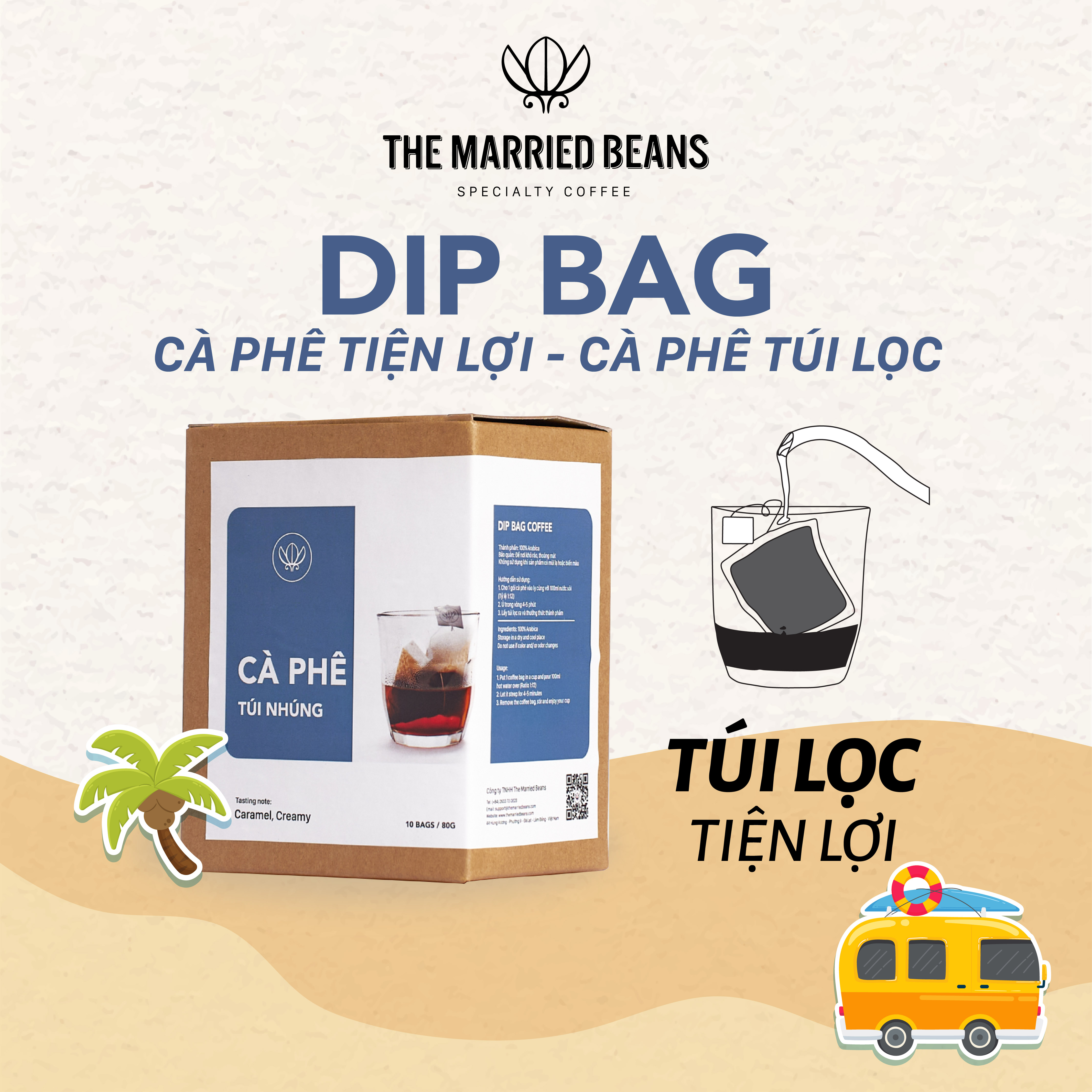 Cà phê túi lọc tiện lợi 100% arabica rang mộc the married beans coffee