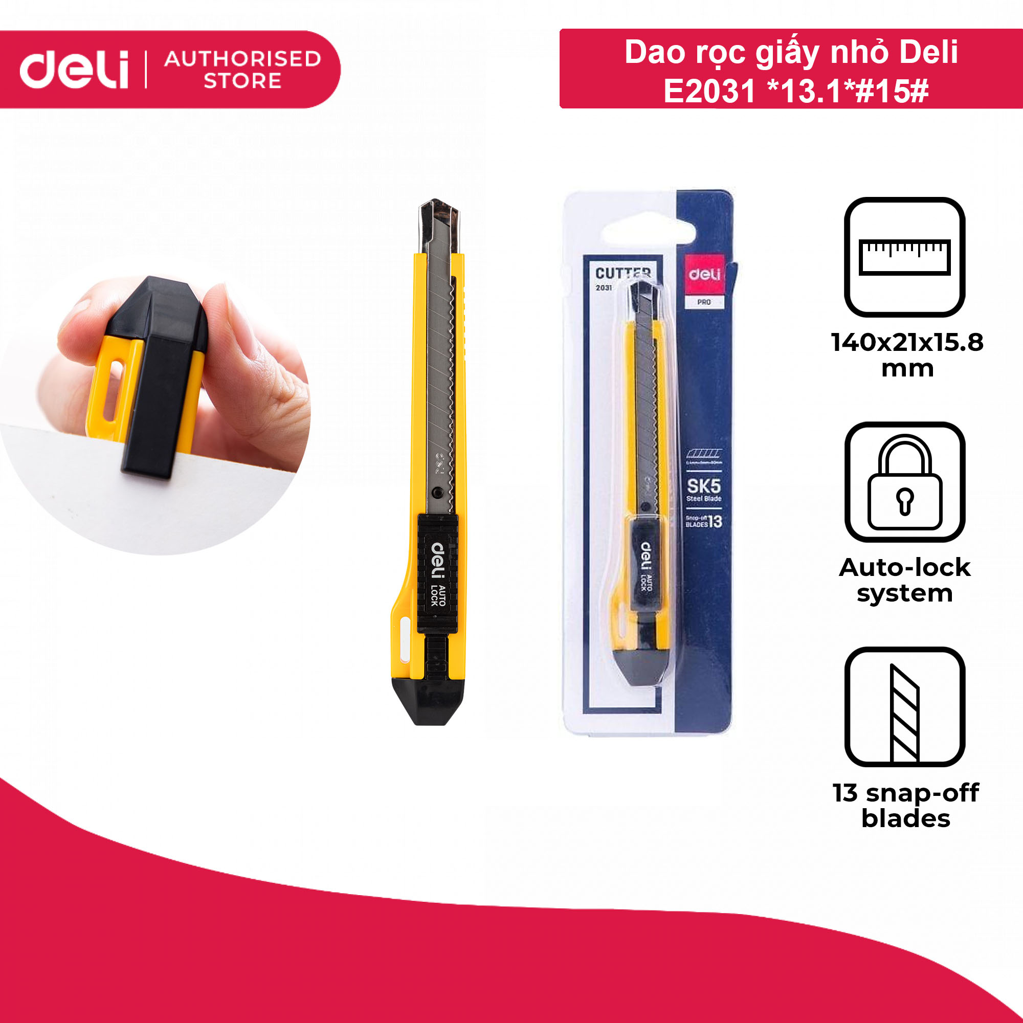 (1 Cây) Dao rọc giấy trung Deli - Màu vàng - E2031