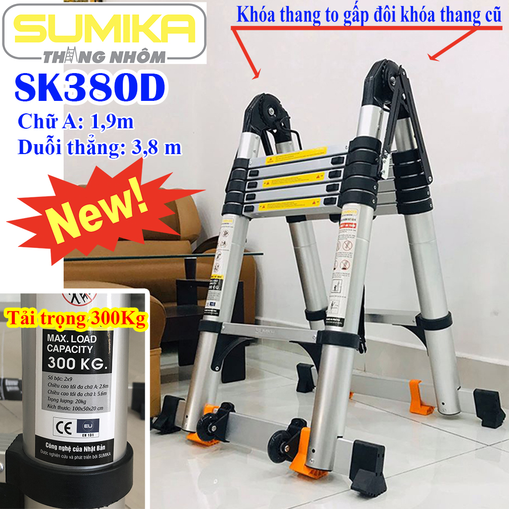 Thang nhôm rút chữ a Sumika SK380D, SKS380D - Chữ a 1,9m duỗi thẳng 3,8m, Chất liệu: Nhôm – Tải trọng 300kg, tiêu chuẩn EN131, Thang rút có khóa gấp tự động