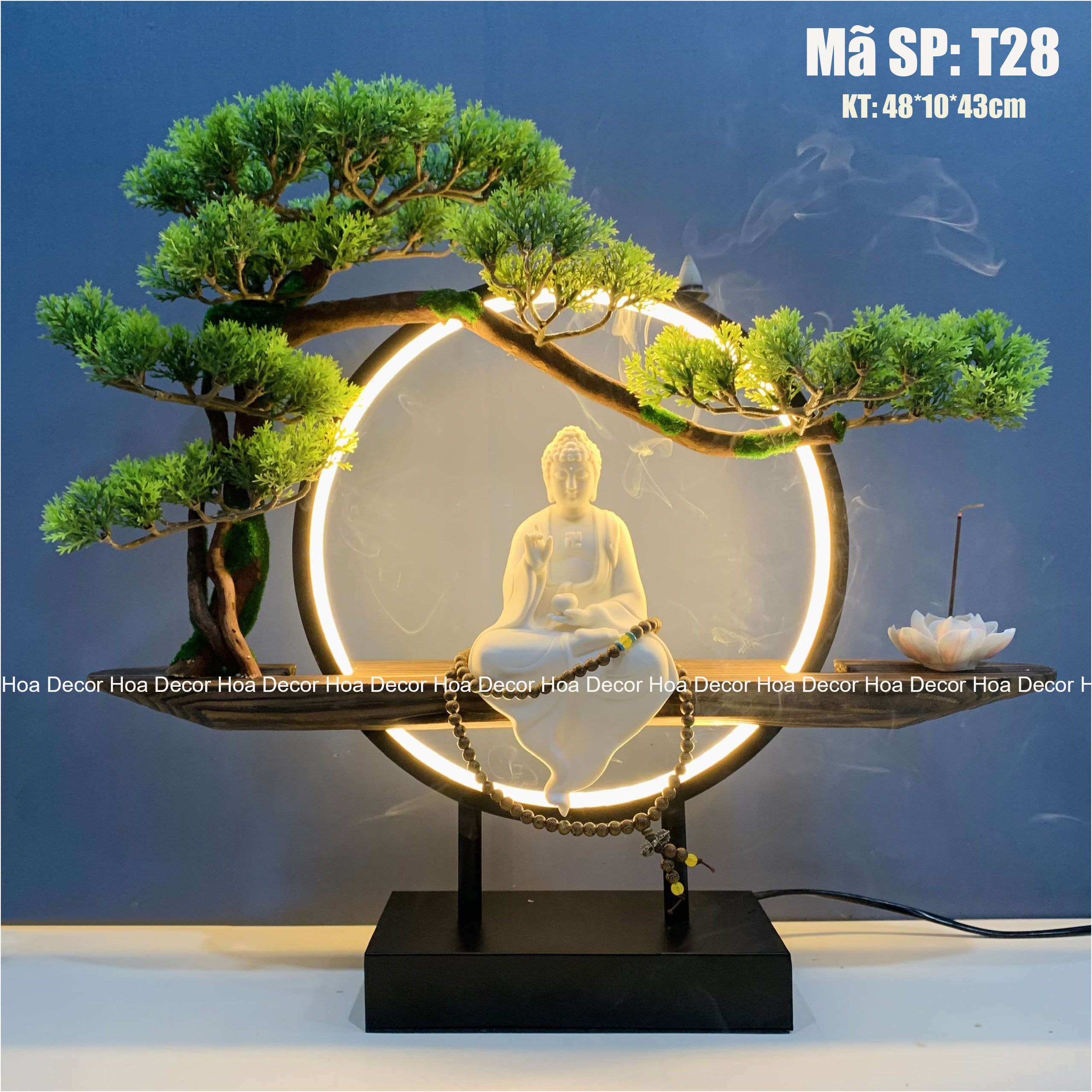 Bộ tượng Phật tổ Như Lai có vòng đèn led sáng đẹp T28, Tiểu cảnh Phật Tổ chất liệu Gốm tử sa, tặng kèm trầm hương