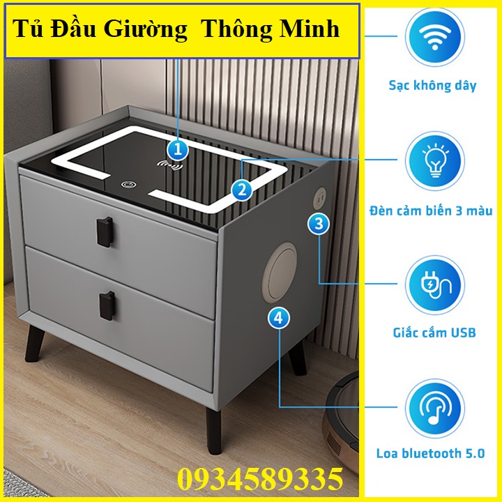 Tủ đầu giường 2 ngăn thông minh, tab đầu giường có khoá vân tay, kèm loa bluetooth, sạc không dây