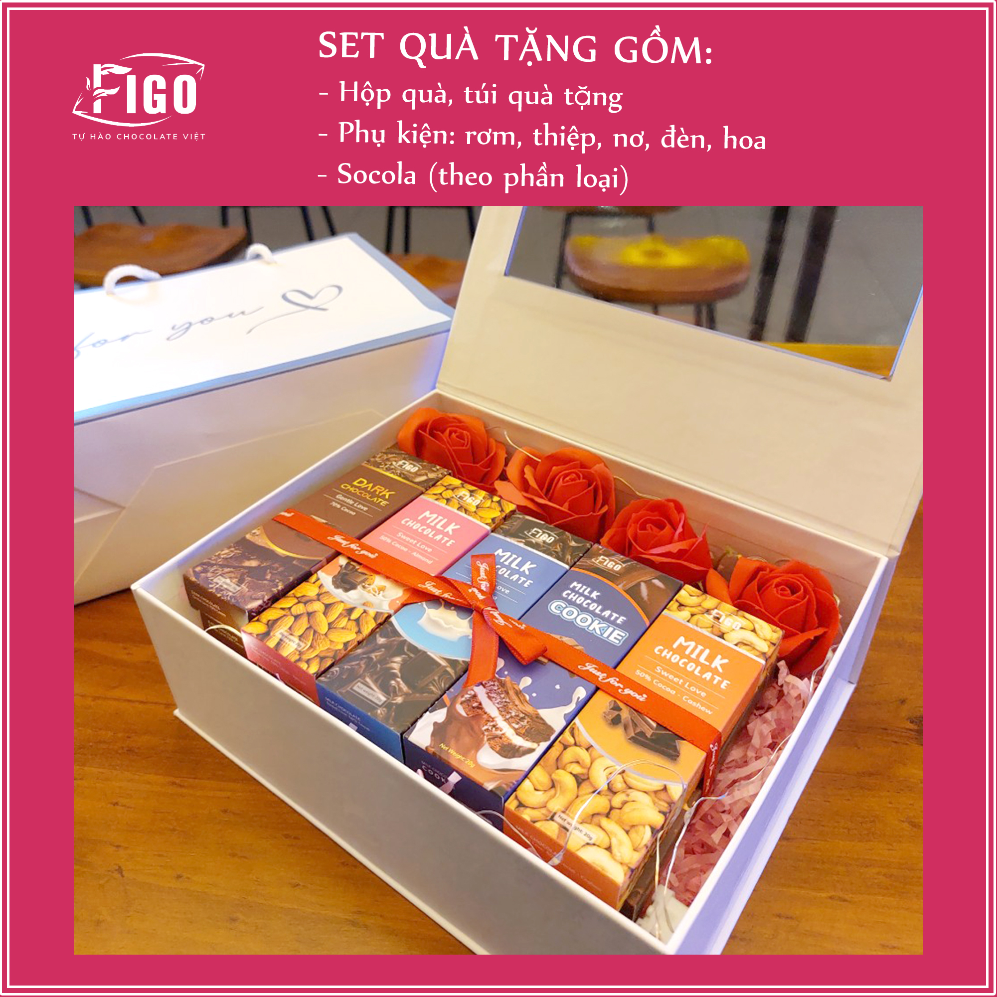 Quà tặng Valentine cửa sổ chocolate 20gr, ngọt ngào dành cho người thân yêu, bạn gái sang trọng MIx đủ vị socola đen và socola sữa FIGO