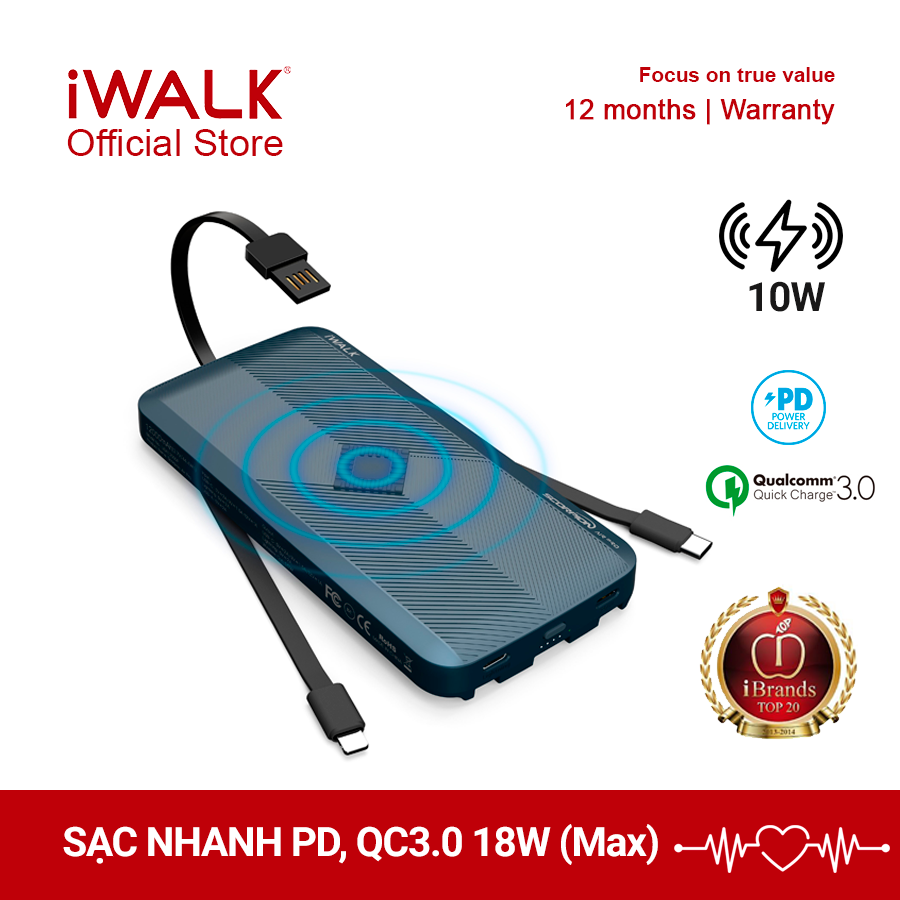 Sạc dự phòng tích hợp sạc không dây 10w iwalk uba12000p, hỗ trợ sạc nhanh qc3.0, pd