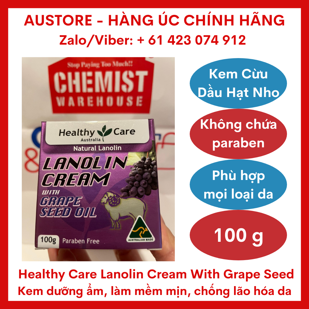 [Bill Úc] Healthy Care Lanolin Cream With Grape Seed 100g của Úc - Kem Cừu & Dầu Hạt Nho Healthy Care Úc 100g