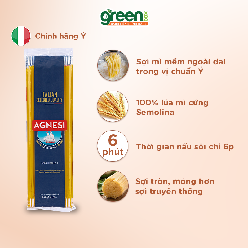 Mì ý sợi nhỏ Spaghettini làm từ lúa mì Semolina cao cấp Agnesi Ý 500g nấu ngon với sốt mì ý cà chua húng quế Basilico