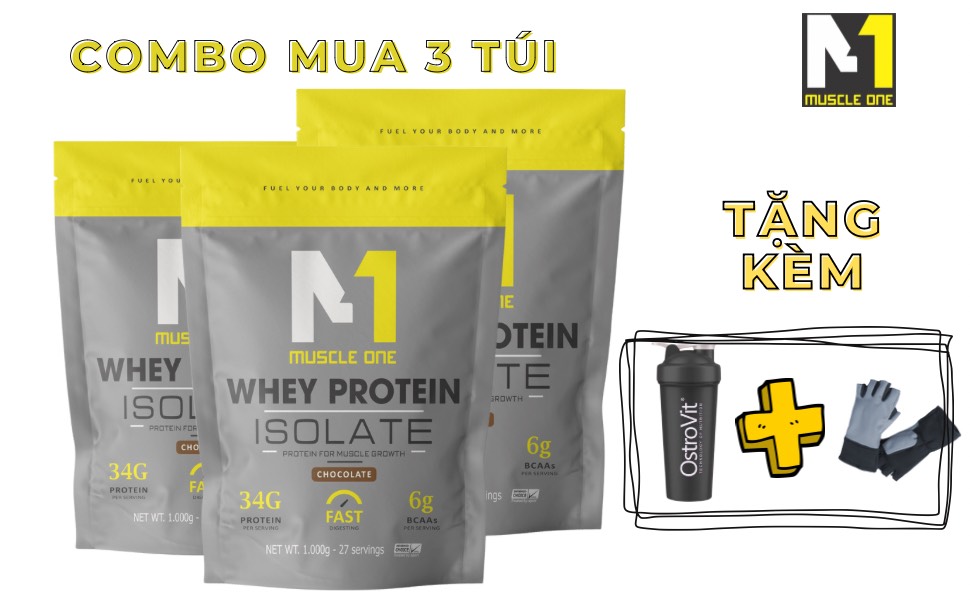   combo 3 túi tặng bình lắc + bao tay  Whey protein isolate MUSCLE ONE tăng cơ giảm mỡ nhanh hiệu quả loại 3kg 