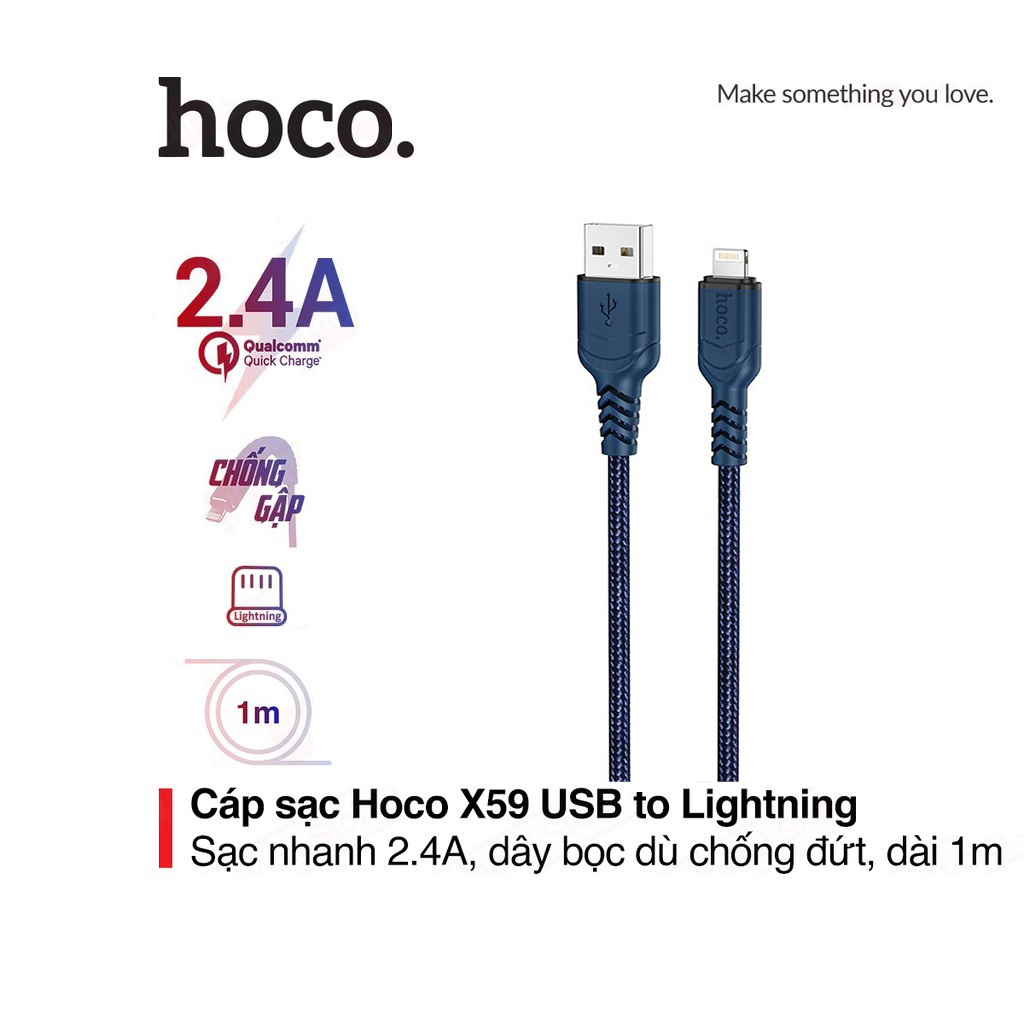Cáp sạc nhanh 2.4A Hoco X59 chân Lightning dây Nylon siêu bền dành cho iPhone/iPad
