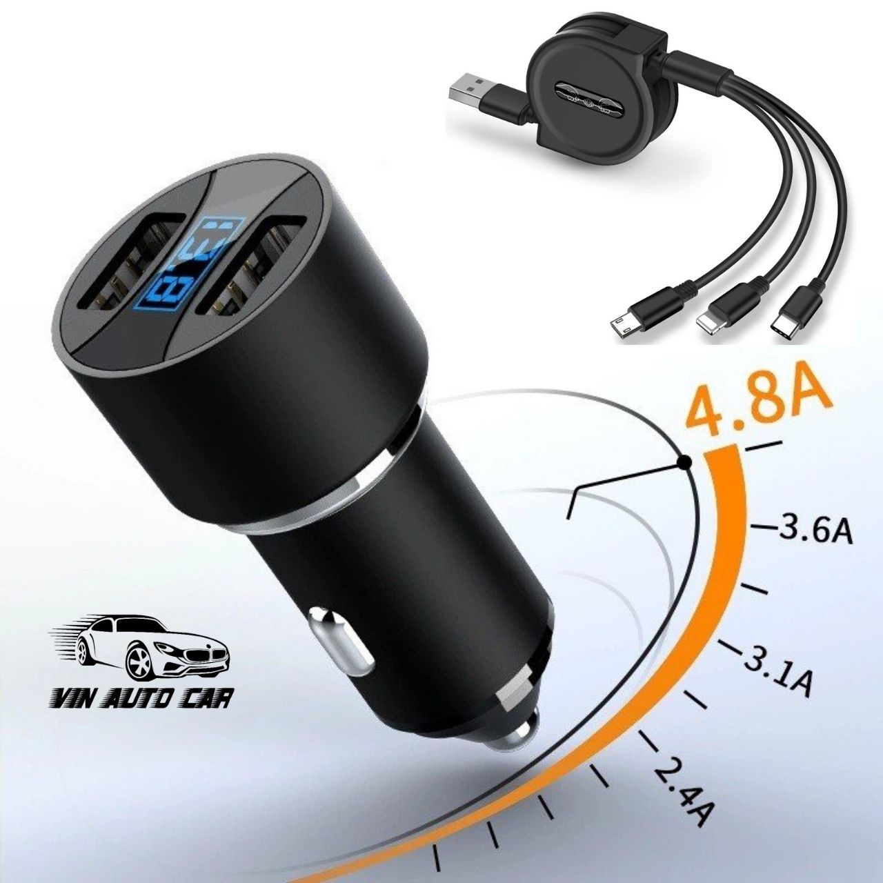Tẩu sạc nhanh ô tô 4.8A 2 cổng sạc điện thoại siêu nhanh QC 3.0, hiển thị đèn led báo điện áp