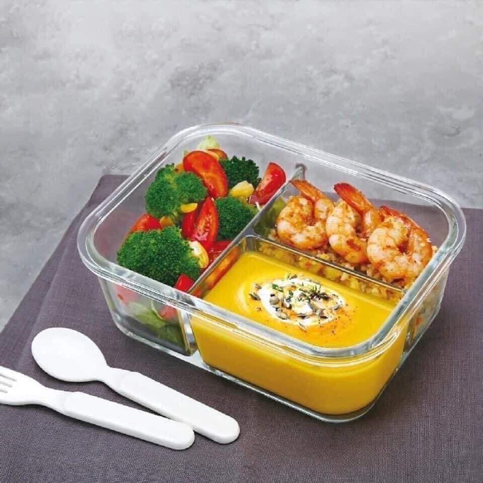 Hộp/Thố Đựng Cơm Thức Ăn Bằng Thủy Tinh Chia Ngăn Có Nắp Đậy Tiện Lợi Dung Tích1000ML