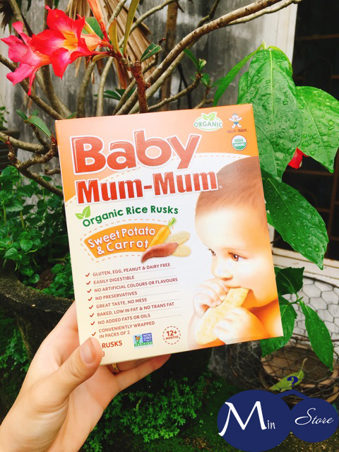 Bánh gạo hữu cơ Baby Mum-Mum ăn dặm cho bé từ 12+ tháng tuổi Hộp 36g (18 bánh)  vị khoai lang và cà rốt hàng nhập Úc