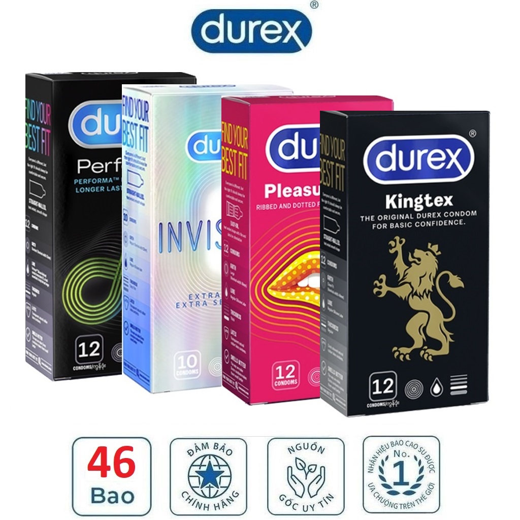 [HCM]Combo 4 hộp Bao cao su Durex Performa 12s - Invisible Extra Lubricated 10s - Pleasuremax 12s - Kingtex 12s - siêu mỏng  gân gai kéo dài thời gian  size nhỏ chống tuột