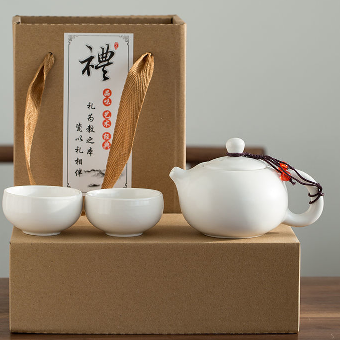 Bộ ấm chén trà du lịch 2 chén - túi xách giấy đẹp - màu trắng 2 chén