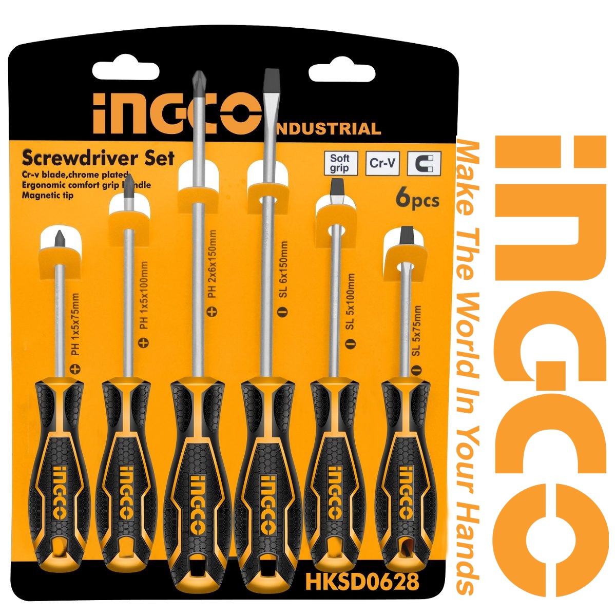 Set of 6 Flat and Phillips Screwdrivers Cr-V Steel Total Ingco Hksd0628