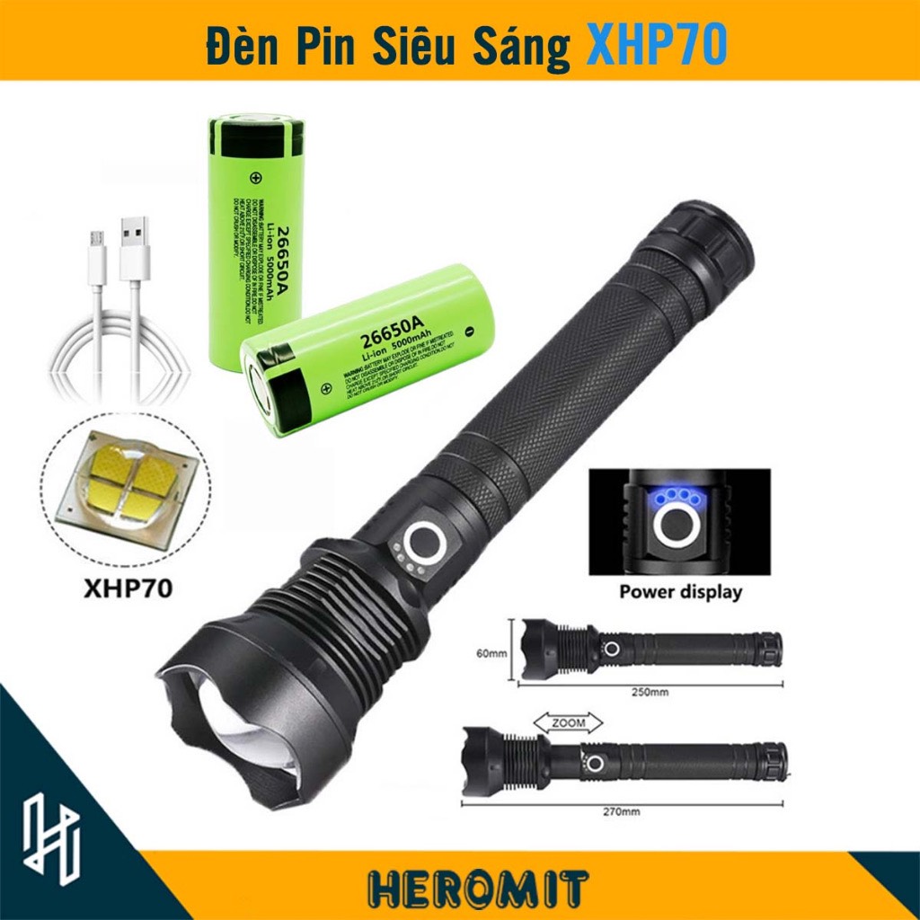 Đèn pin siêu sáng xhp70 pin trâu cáp type-c