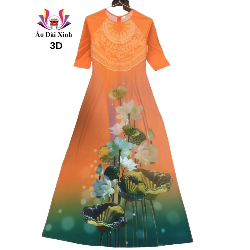 Áo dài truyền thống in 3D lụa Nhật cổ tròn tay lỡ màu cam trống đồng hoa sen.