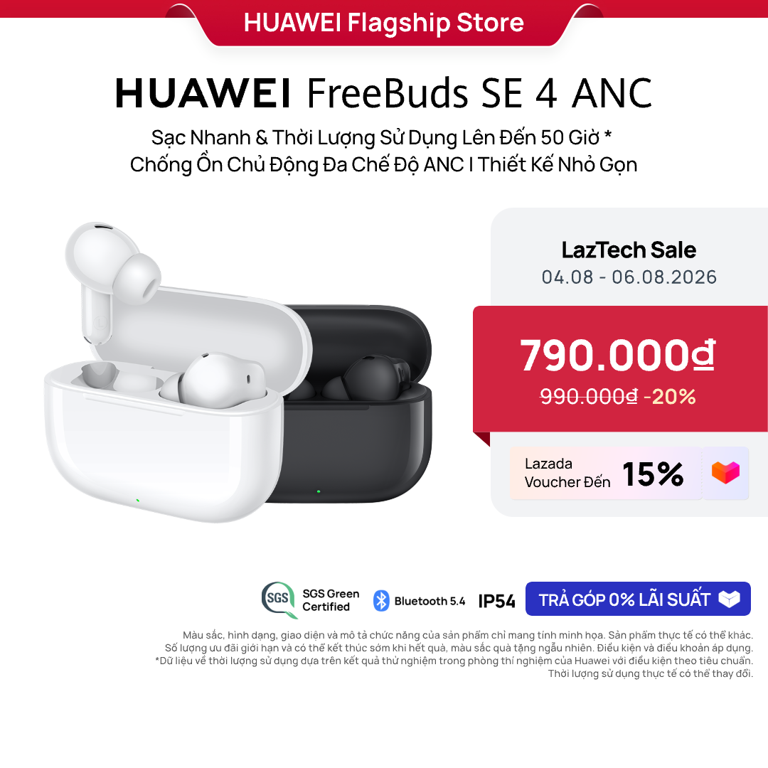 Tai Nghe Bluetooth HUAWEI FreeBuds SE 4 ANC | Sạc Nhanh  Thời Lượng Sử Dụng Lên Đến 50 Giờ | Chống Ồn Chủ Động Đa Chế Độ ANC | Thiết Kế Nhỏ Gọn