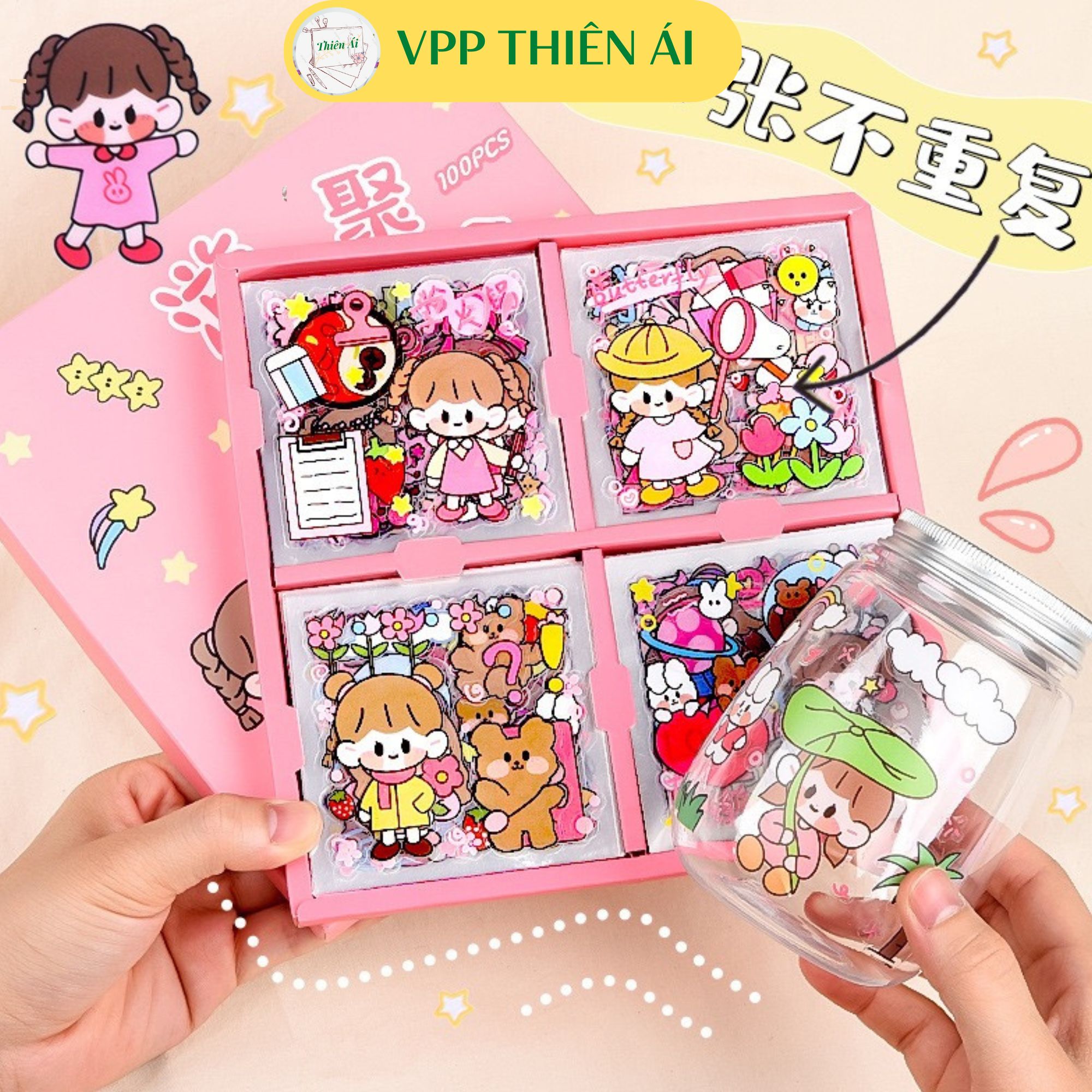 Hộp 100 miếng dán sticker trong suốt trang trí DIY hình cô gái hoạt hình  cute dễ thương  MixASale